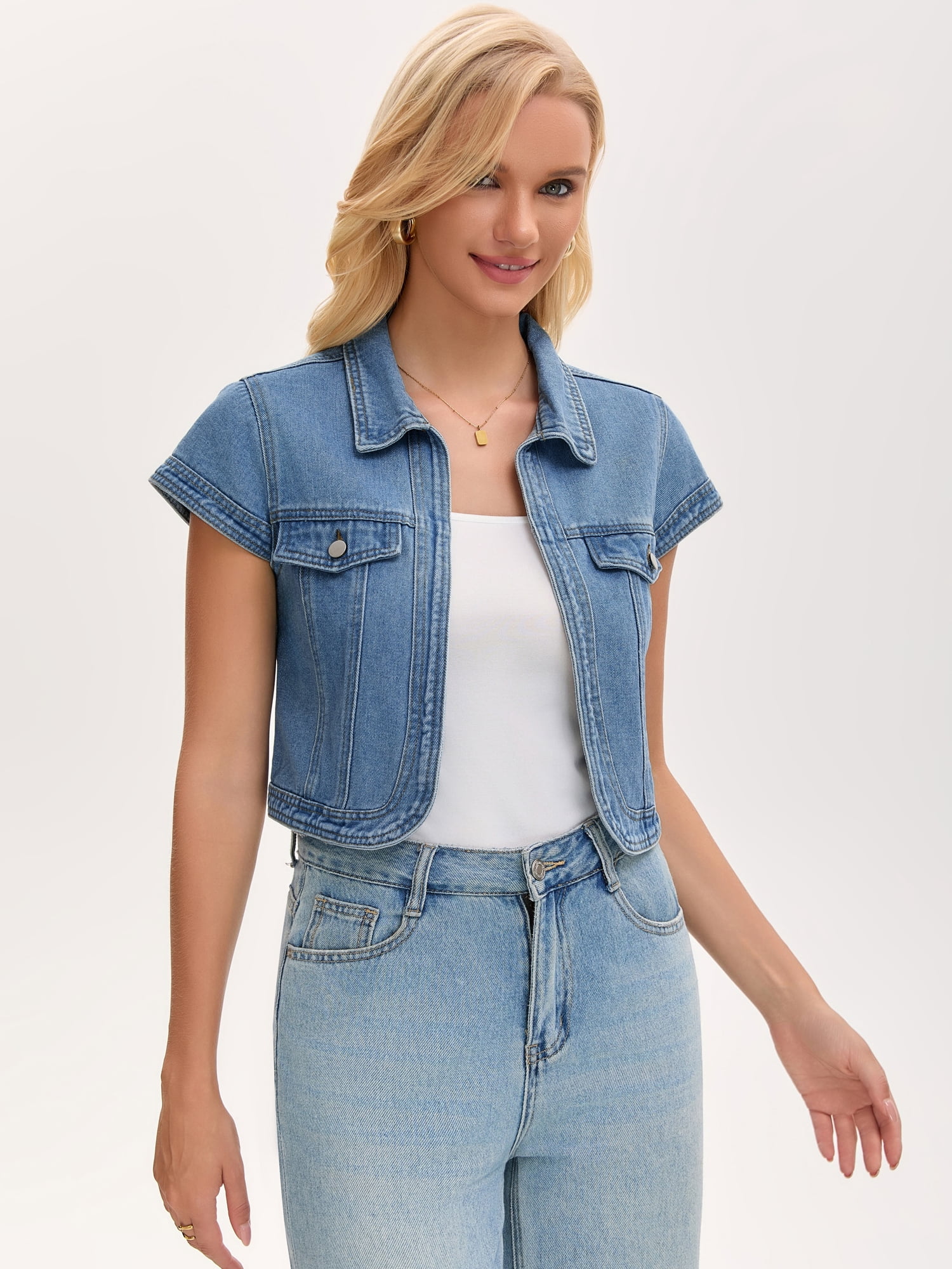 DARING DIVA Women's Cap Sleeve Shrug Collared Open Front Jean Jacket L Blue