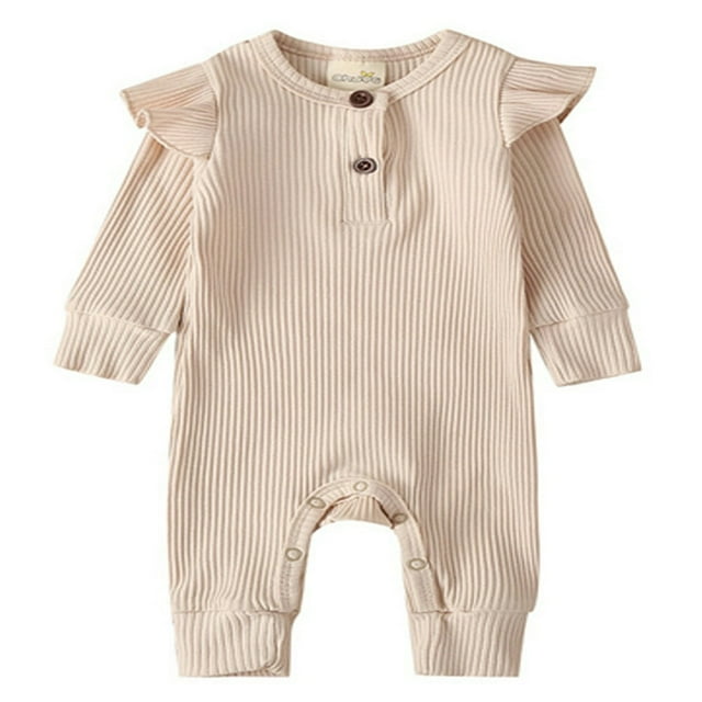 Infant Kids Baby Girl Boy Solid Color Long Ruffle Sleeve O-Neck Ribbed Jumpsuit Navy Blue 9-12 Months