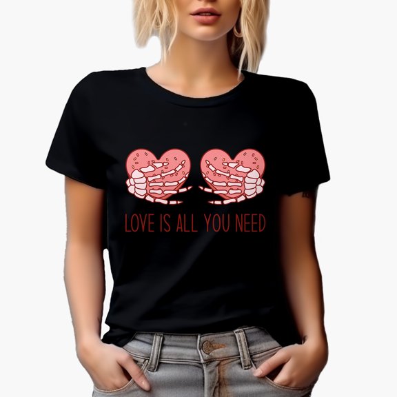 Love Is All You Need with Hearts & Skeleton Hands, Retro Valentine's Day Gift, Black T-Shirt, Small