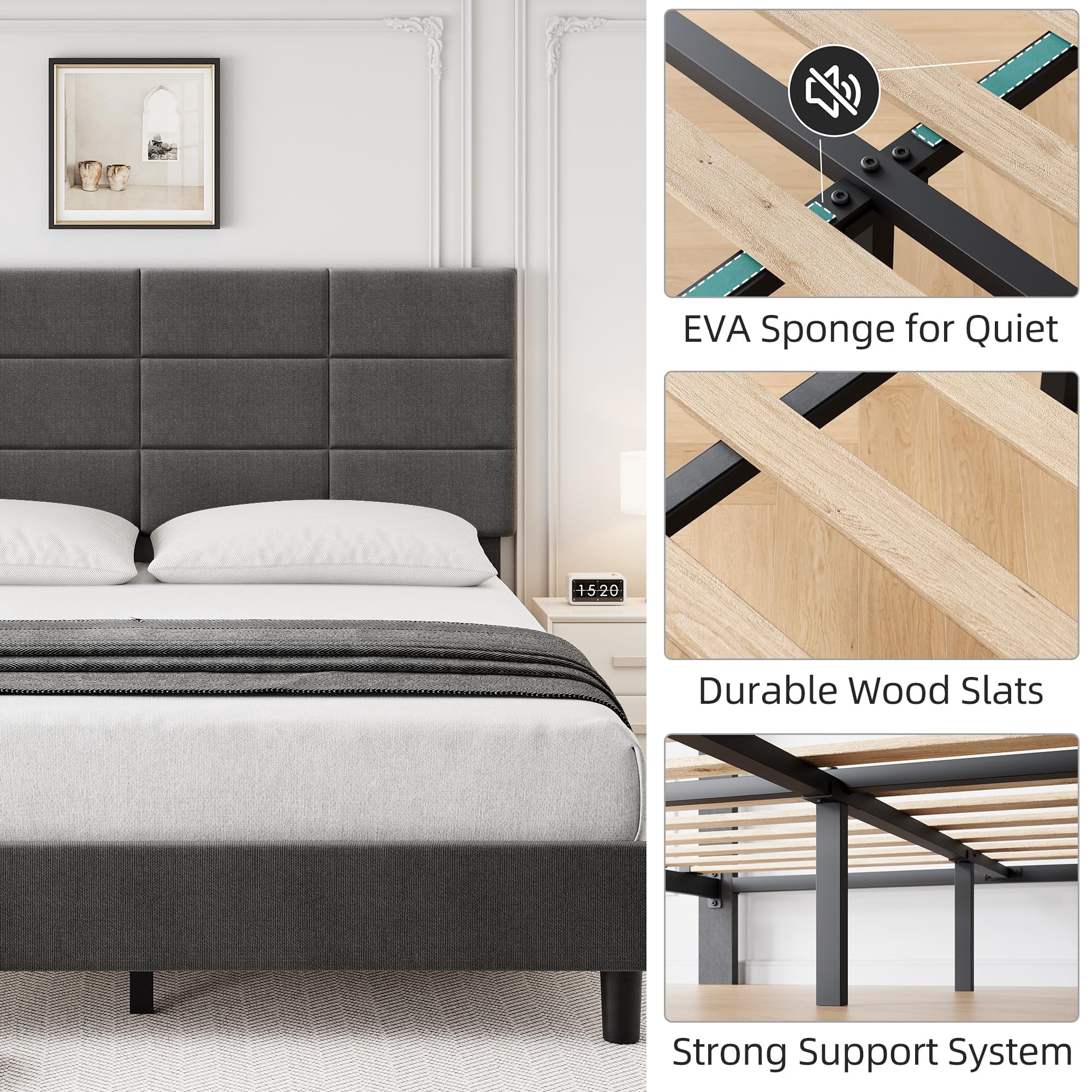 TROPOW Queen Bed Frame,with Adjustable Headboard,Linen Upholstered Queen Platform Bed Frame with Wooden Slats Support, Mattress Foundation and No Box Spring Needed, Dark Grey