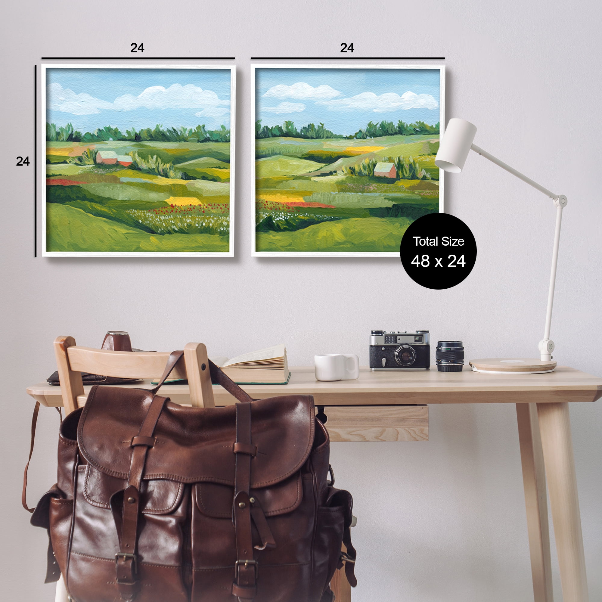 Stupell Rural Country Farm Pastures Landscape Painting White Framed Art Print Wall Art, Set of 2