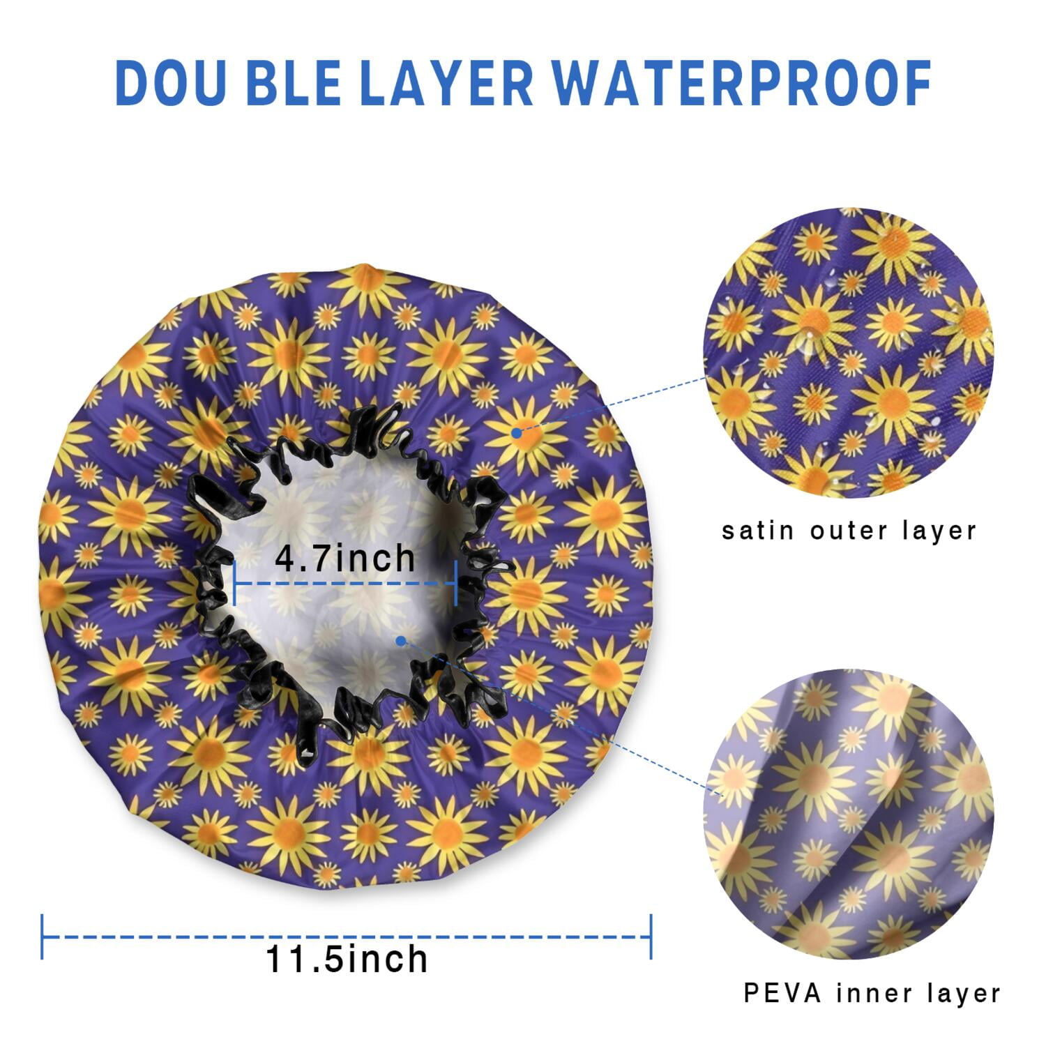 Shower Caps,Purple Sunflower Pattern Waterproof Shower Cap for Women 4 Pieces,Double Reusable Hair Cover for Shower PEVA Elastic Stretch Hem