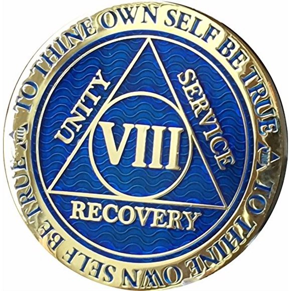 Recoverychip 8 Year Reflex Blue Gold Plated AA Medallion Alcoholics Anonymous Chip