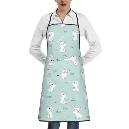 

Qekee Playing Rabbit Print Adjustable Bib Apron Resistant with Pocket Cooking Kitchen Aprons for Women Men Server Chef Apron