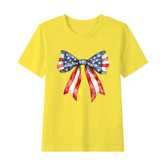 Maean Girls Shirts Independence Day Printed Short Sleeve Crew Neck Cute Bow Graphic Tshirts 3-15 Years