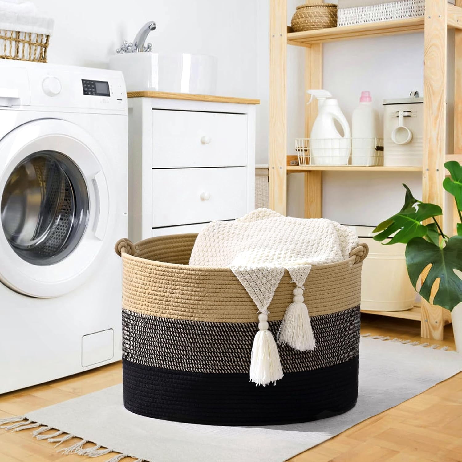 67L Large Blanket Basket, 20"x13" Woven Storage Baskets With Handle, Cotton Rope Blanket Basket Living Room, Baby Laundry hamper for Blanket, Nursery, Toy, Pillow (Brown & Black)