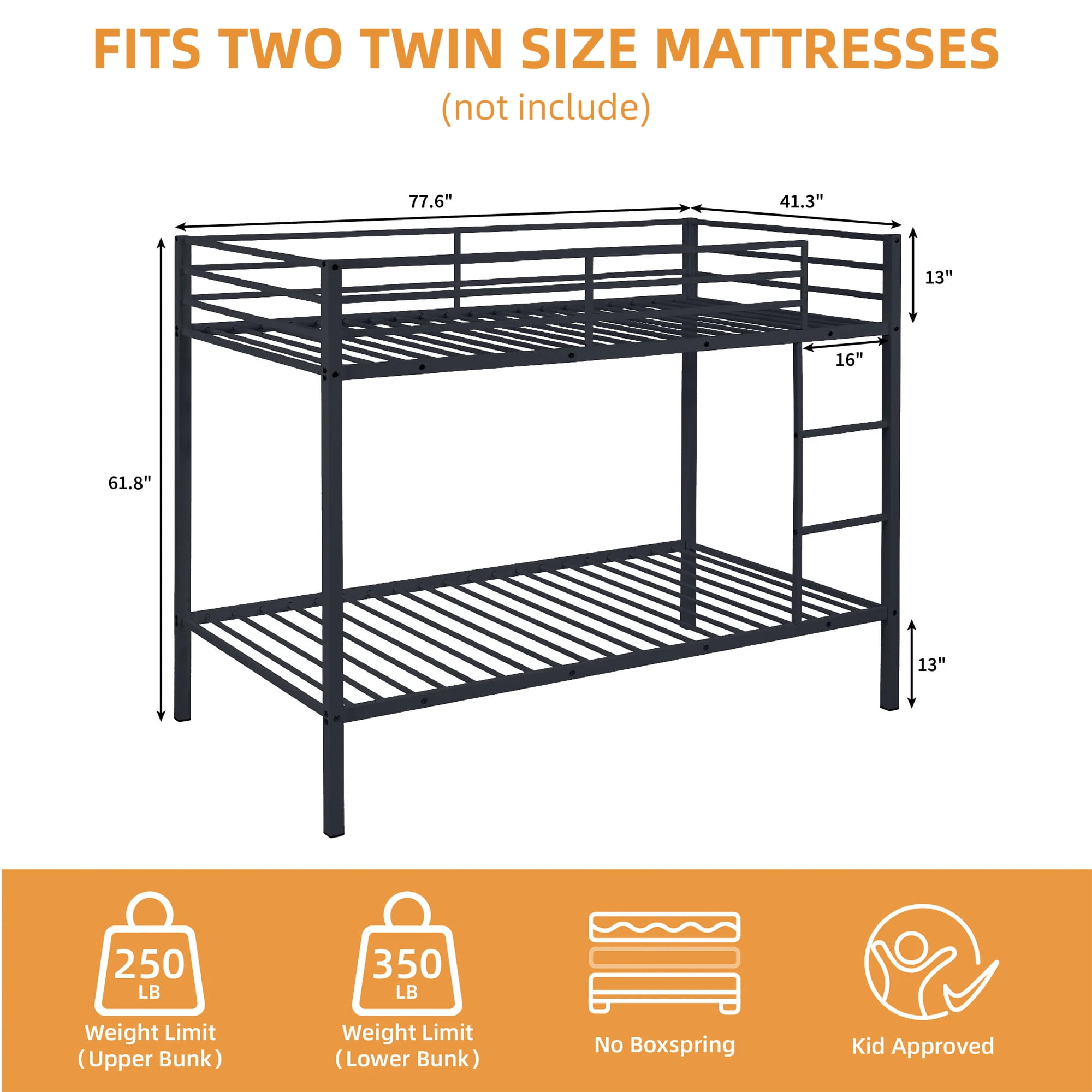 Aukfa Metal Bunk Bed Twin Over Twin, High Guardrail and Metal Slats, Space-Saving Bed Frame for Kids Teens, Black