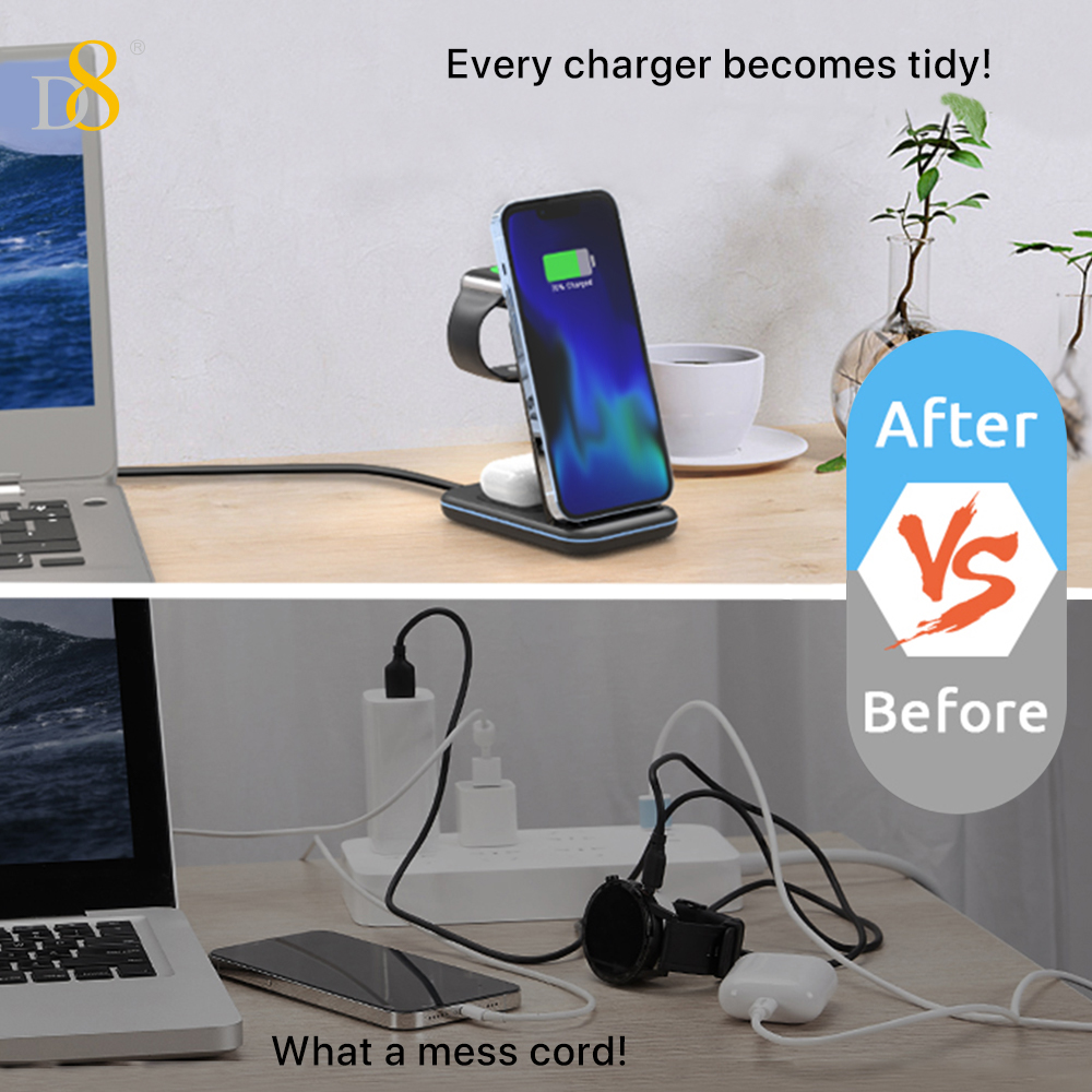D8 Wireless Charging Station,3 In 1 Wireless Charging Stand Made Compatible With Apple Watch Ultra 9 8 7 6 SE 5 4 3,Fast Wireless Charger Made Compatible With IPhone 15/Plus/Pro Max/14/13/12/11/X