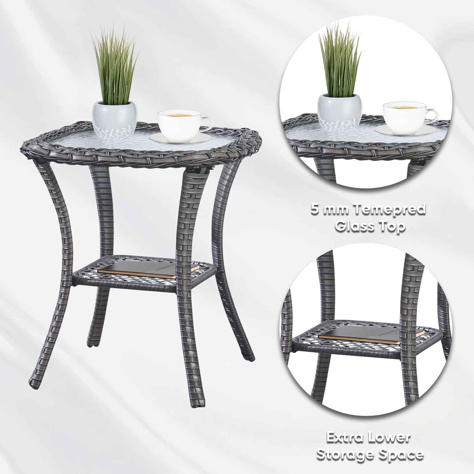 PARKWELL Outdoor Patio Side Table Square Wicker End Table with Glass Top, Gray