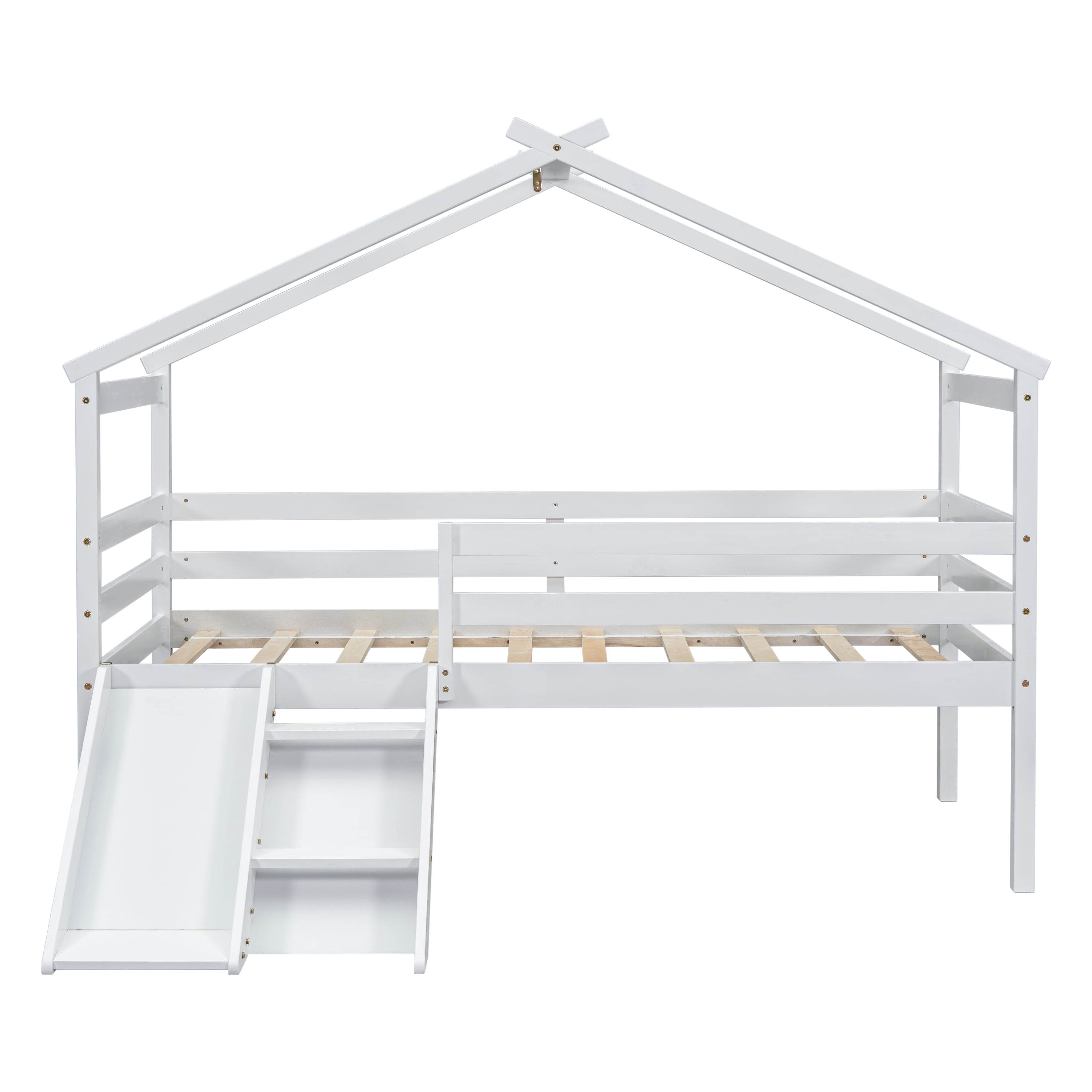 Twin Low Loft House Bed with Slide, Ladder, Safety Guardrails, House Roof Frame, White