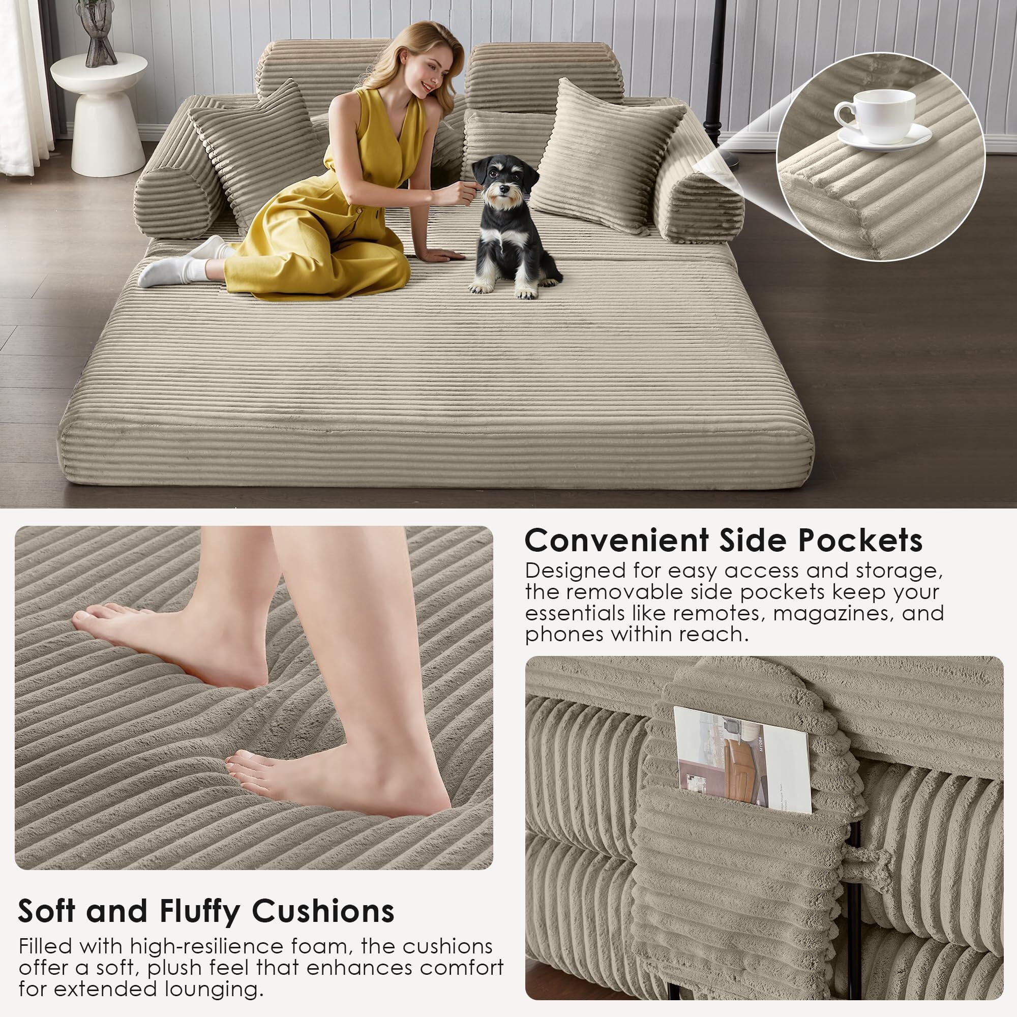 Howcool Sleeper Sofa Bed, 78.5" Convertible Floor Couch, Corduroy Folding Boneless Loveseat, Memory Foam Pull Out (Queen to King Size), No Assembly for Living Room, Orange