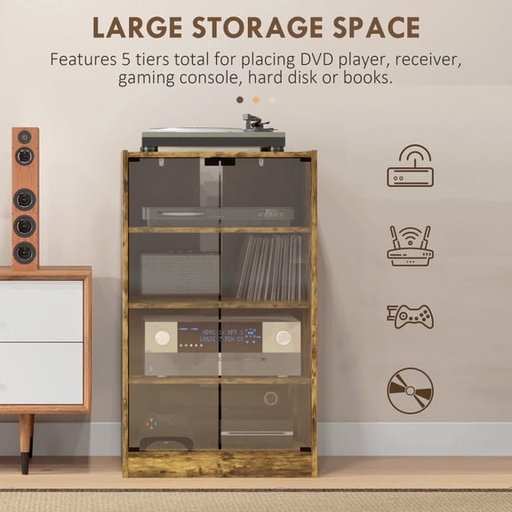 Zateety Media Cabinet, 4-Tier Stereo Cabinet with Adjustable Shelves, Modern Audio Rack with Tempered Glass Doors and Cable Management – Rustic Brown