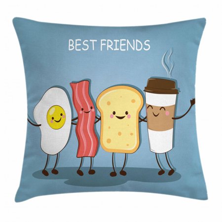 Bacon Throw Pillow Cushion Cover, Cute Image of an Egg Bacon Toast Bread and Cup of Coffee as Morning Best Friends, Decorative Square Accent Pillow Case, 18 X 18 Inches, Multicolor, by