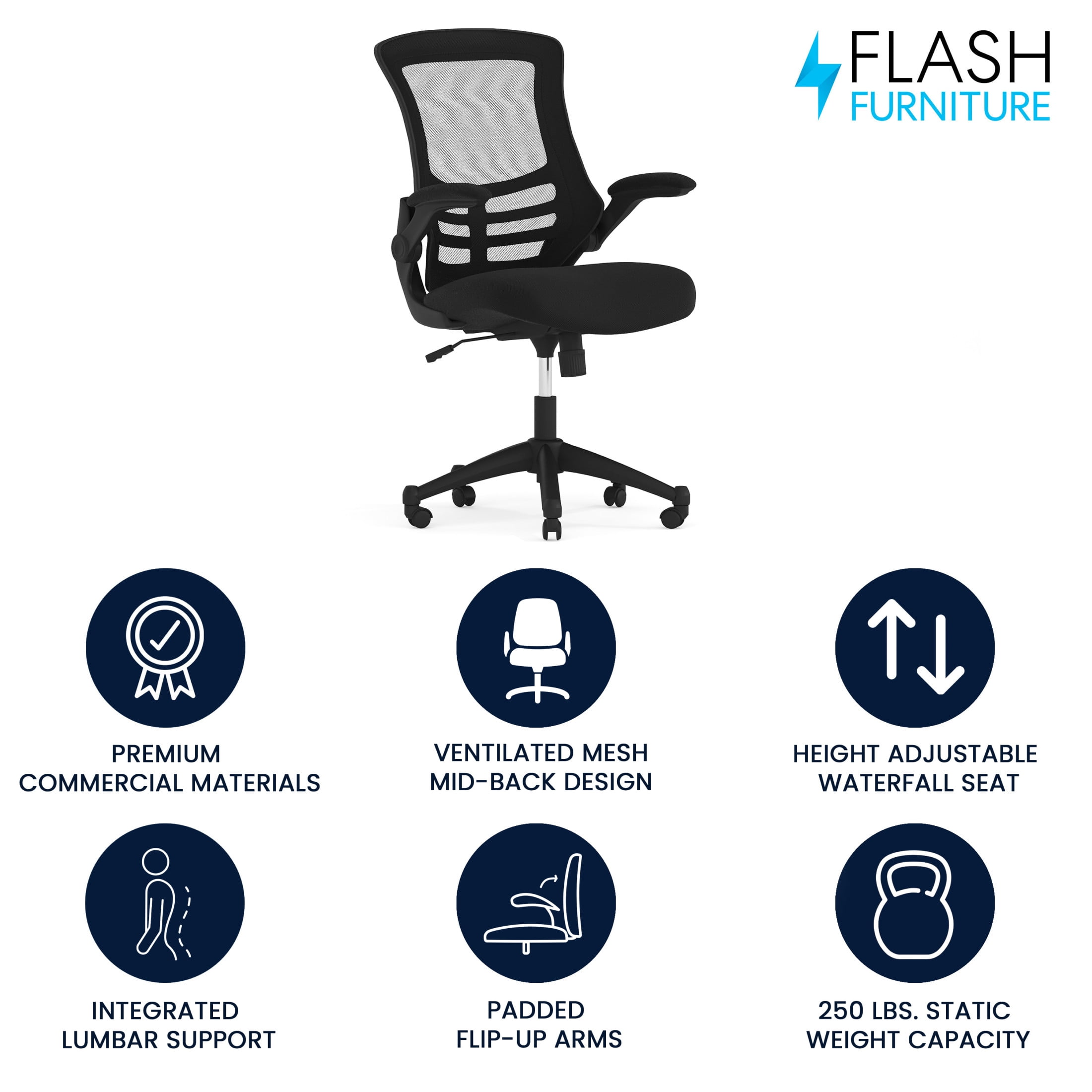 Flash Furniture Kelista Ergonomic Mesh Mid-Back Swivel Office Chair with Flip-Up Armrests, Black