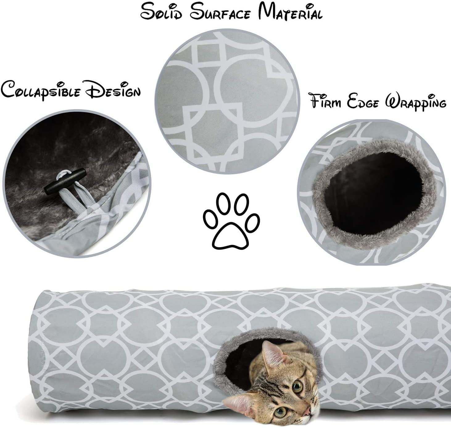 Grey-Round Kittens for Rabbits Ferrets,Puppy and Dogs LUCKITTY Geometric Cat Tunnel with Plush Inside,Cats Toys Collapsible Tunnel Tube with Balls 