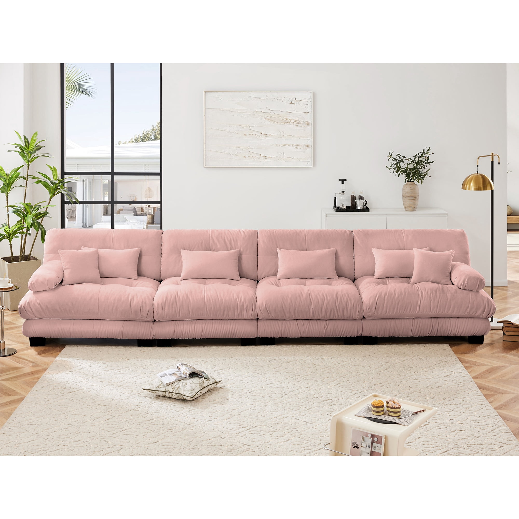Gewnee Oversize Luxury Modular Pink Chenille Deep Seat 4-Seater Sectional Sofa Couch , Upholstered Sofa for Living Room