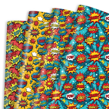 12 Sheet Comic Wrapping Paper Gift Wrap Paper Bulk Folded Flat Colorful Cartoon Boom Print Art Paper for Superhero Theme Birthday Party DIY Crafts Gift Wrapping, 19.7 x 27.6 Inch