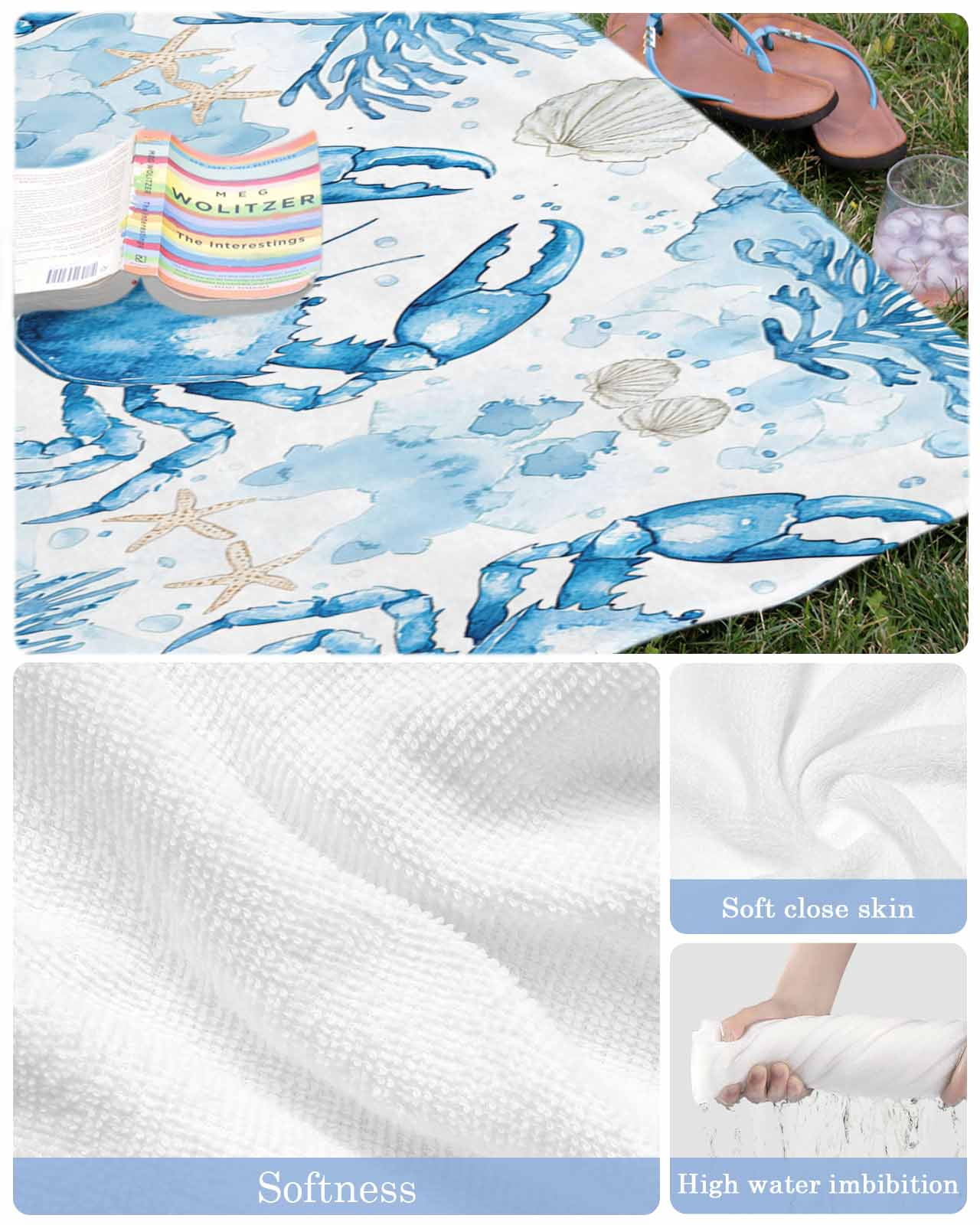 Coastal Crab Beach Towels Oversized Super Absorbent, Summer Beach Starfish Coral Nautical Lightweight Bath Towel Quick Dry Sets For Bathroom/Pool/Rv Camping/Beach Play/Gym Room/Picnic 35"x70"