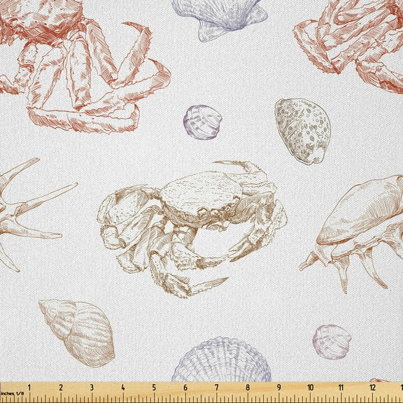 Ambesonne Ocean Animals Fabric by the Yard Microfiber, Sketchy Seashell Crab, 10 Yards, White Camel Cinnamon
