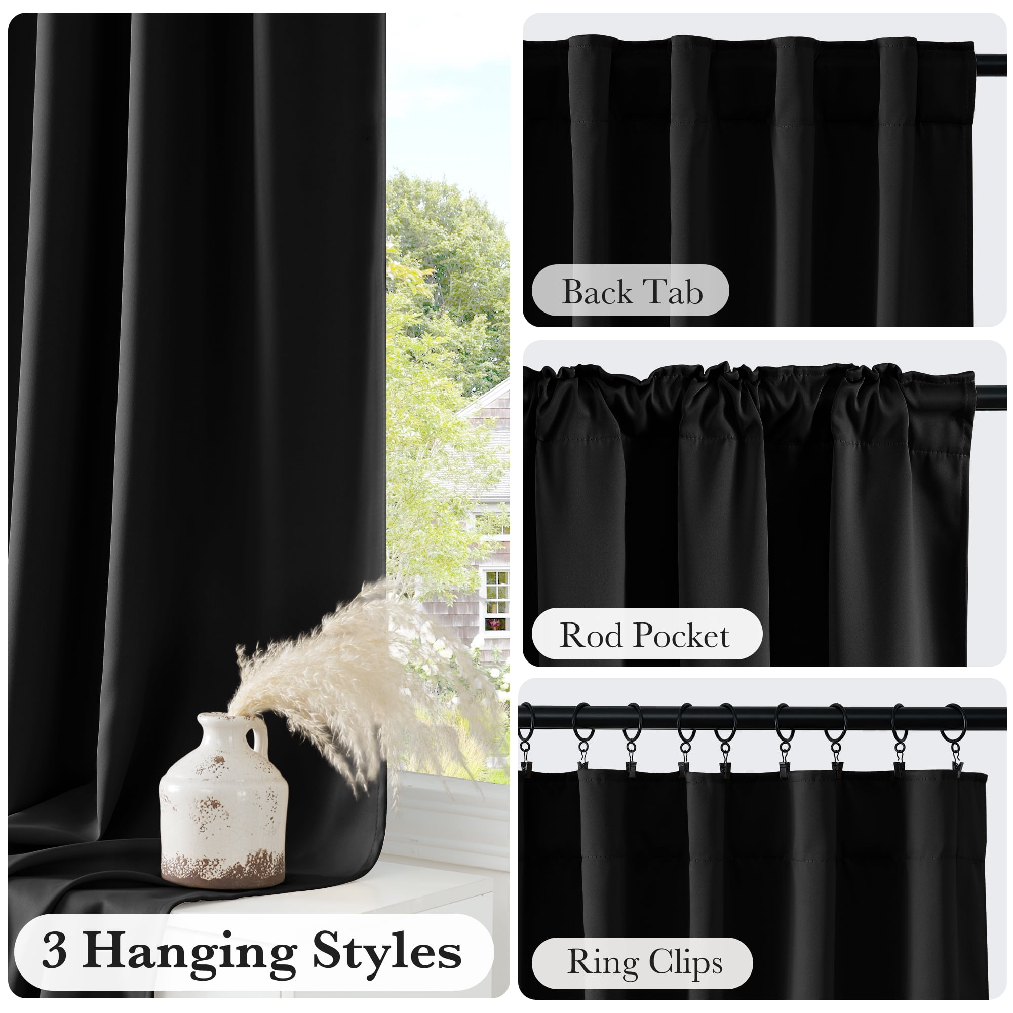 StangH 100% Blackout Curtains for Kitchen, Back Tab & Rod Pocket Drapes Temperature Regulate Room Darkening Noise Reducing Curtains for Bedroom/Bathroom, Black, W52 x L63, 2 Panels