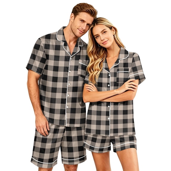 HAJWOH Classic Professional Plaid Pajamas for Men Set Short Sleeve Button Down Lightweight Lounge Set