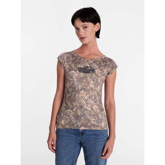 Muscle Car Women's Camo Graphic Tee with Cap Sleeves, Sizes XXS-XXL