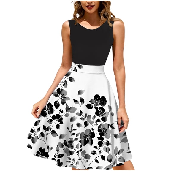 Xdegoge Sleeveless Dress for Women, Midi A Line Floral Print Dresses Fitted High Waist Elegant Office Party Sundress