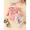 thumbnail image 2 of Bagilaanoe 3pcs Newborn Baby Girl Long Pants Set Letter Print Long Sleeve Romper Tops + Trousers + Headband 3M 6M 9M 12M 18M Infant Casual Outfits, 2 of 9