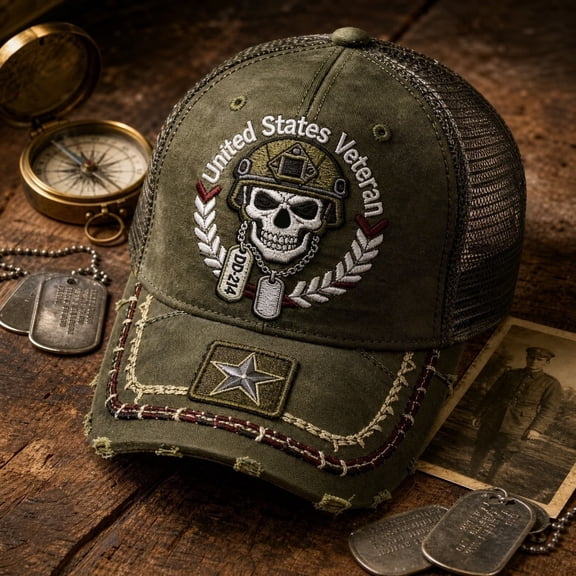 United States Veteran Skull Mesh Trucker Hat, Distressed Olive Green Military Baseball Cap for Men