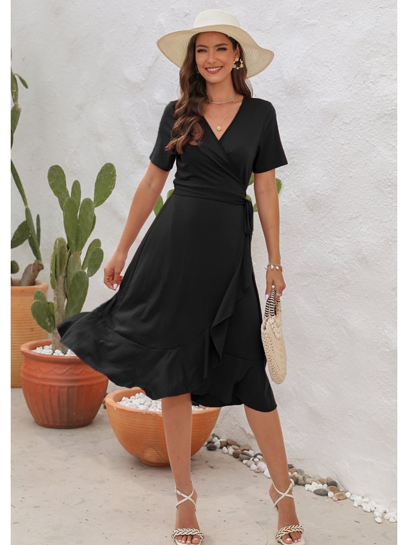Women Summer Dress Wrap V-Neck Short Sleeve Casual Beach Dress A-Line  Pleated Midi Sun Dresses (Black, S) - Walmart.com