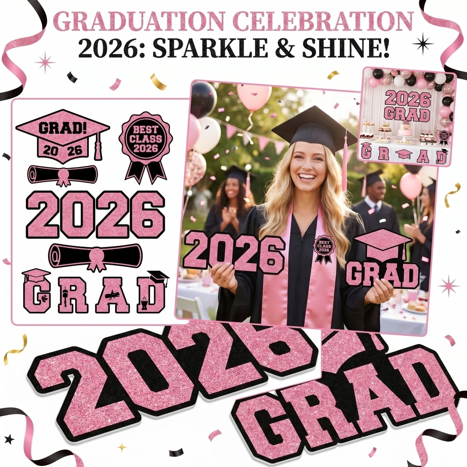 Graduation Decorations Class of 2026, Pink Glitter Decor, 2026 Big Numerals, Grad Cap Decor, Yard Sign, Scroll, Badge, Outdoor Graduation Celebration, 10 Set, Pink Accent Pieces