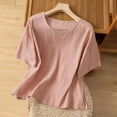 thumbnail image 3 of Scyoekwg Women Short Sleeve T-Shirts Round Neck Cotton Linen Tops Loose Solid Color Lightweight Trendy Blouses (Pink,XXL), 3 of 3