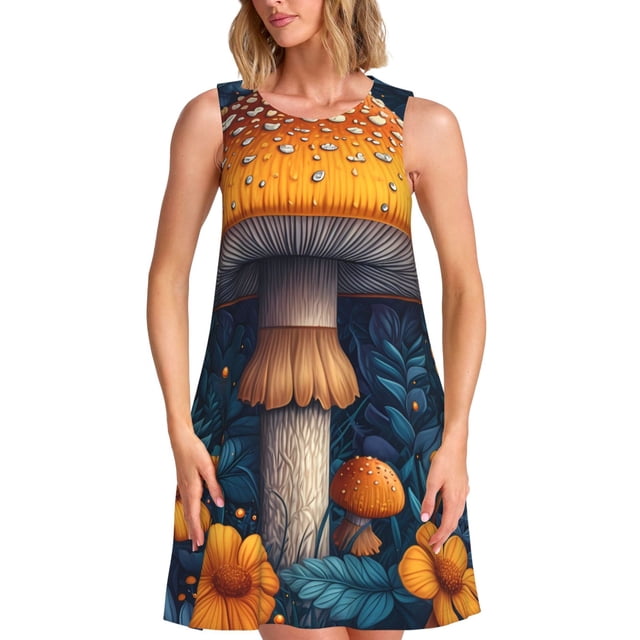 Balery Vintage Blue Leaf Mushroom Vestidos de verano para mujer con estampado: vestido holgado sin mangas, vestido playero informal y cómodo para días calurosos.