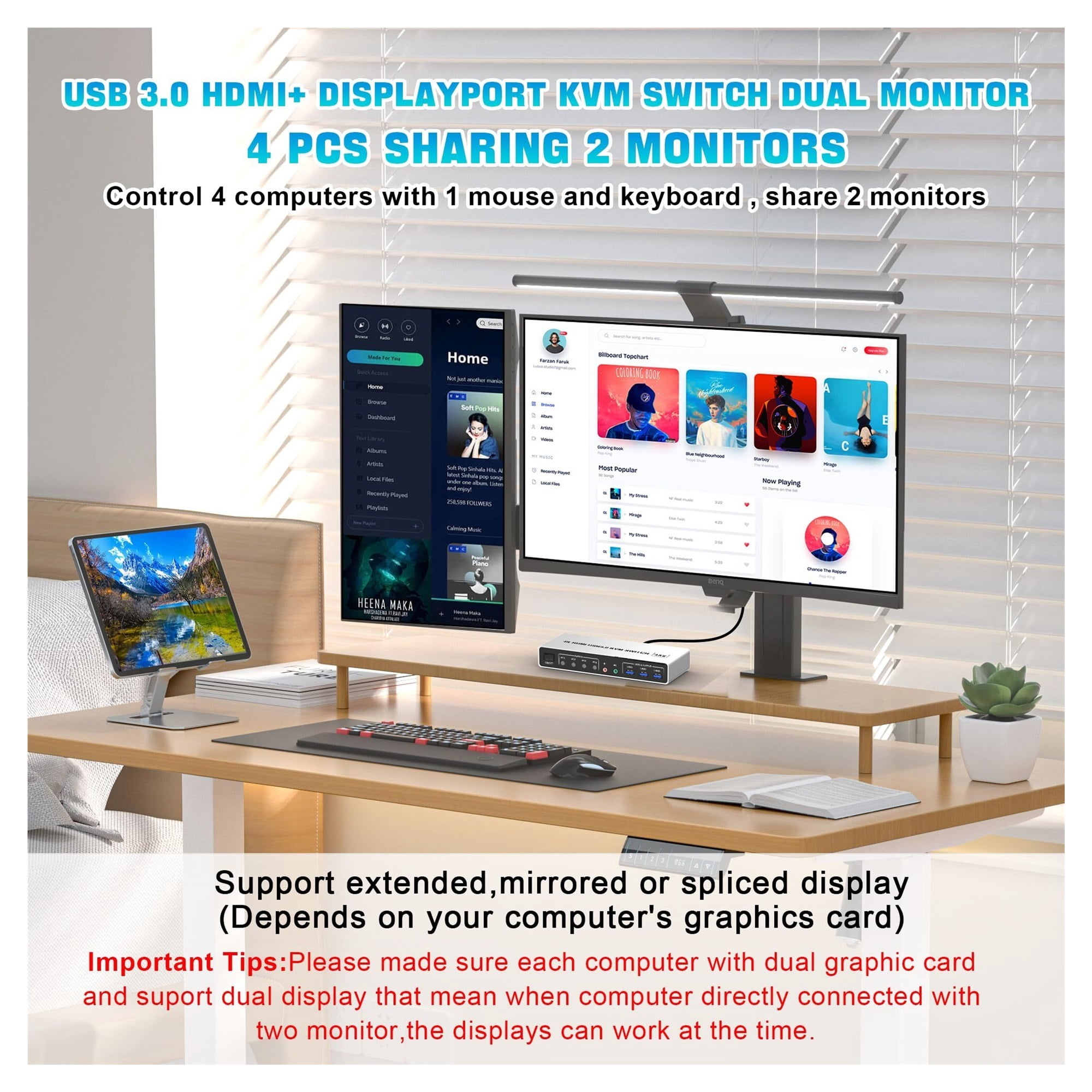 4K@60Hz USB 3.0 Displayport+ KVM Switch 2 Monitors 4 Computers, 4 Port Dual Monitor +DP Monitor Switch For 4 PC
