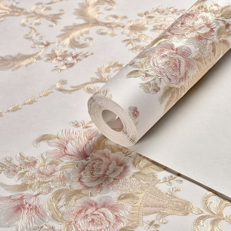 ERDOUY precision pressed rural style self-adhesive non-woven wallpaper, warm 3D wallpaper for bedrooms, European style living room 3D background wall wallpaper (pink)