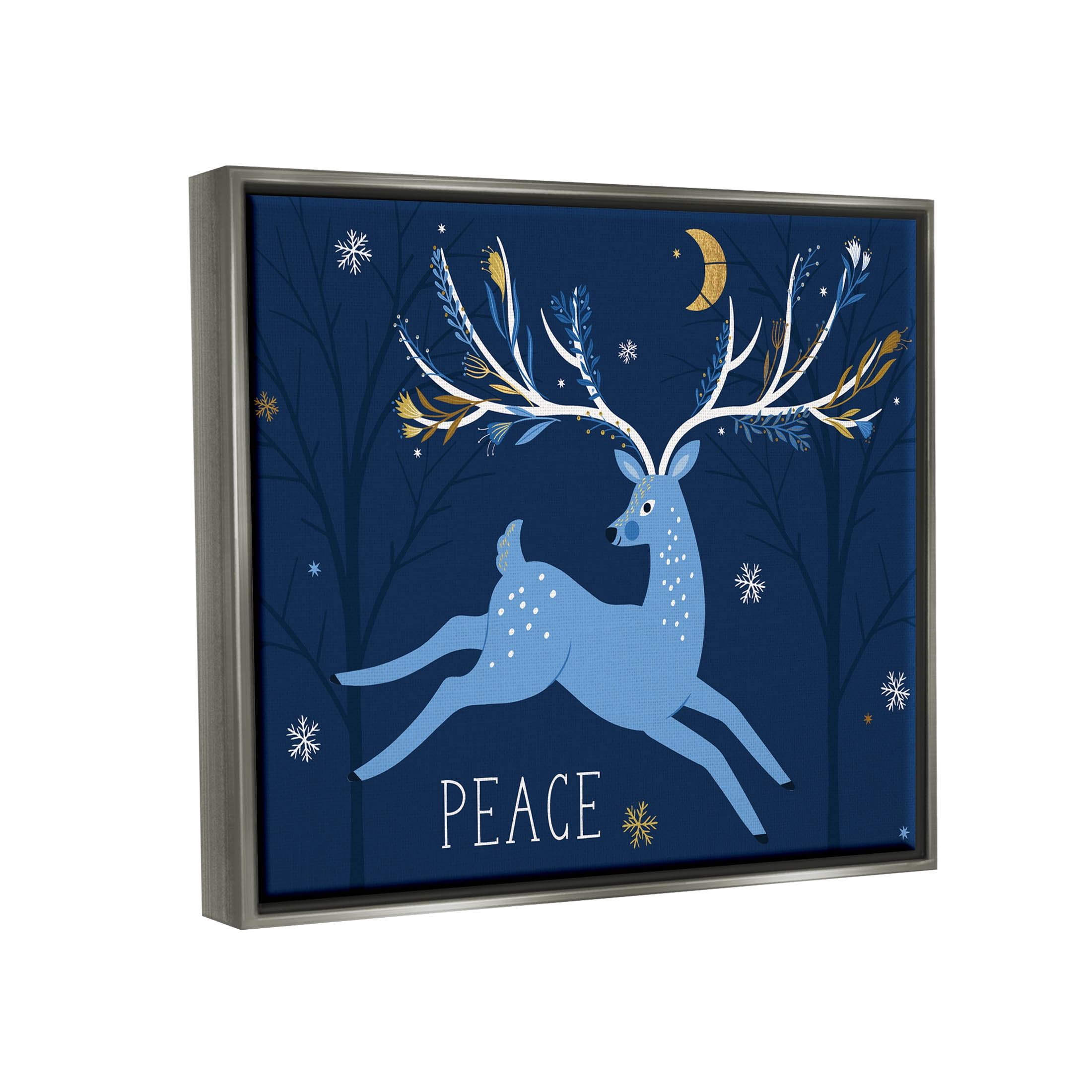 Peace Jumping Deer Snowflakes Holiday Graphic Art Luster Gray Framed Art Print Wall Art