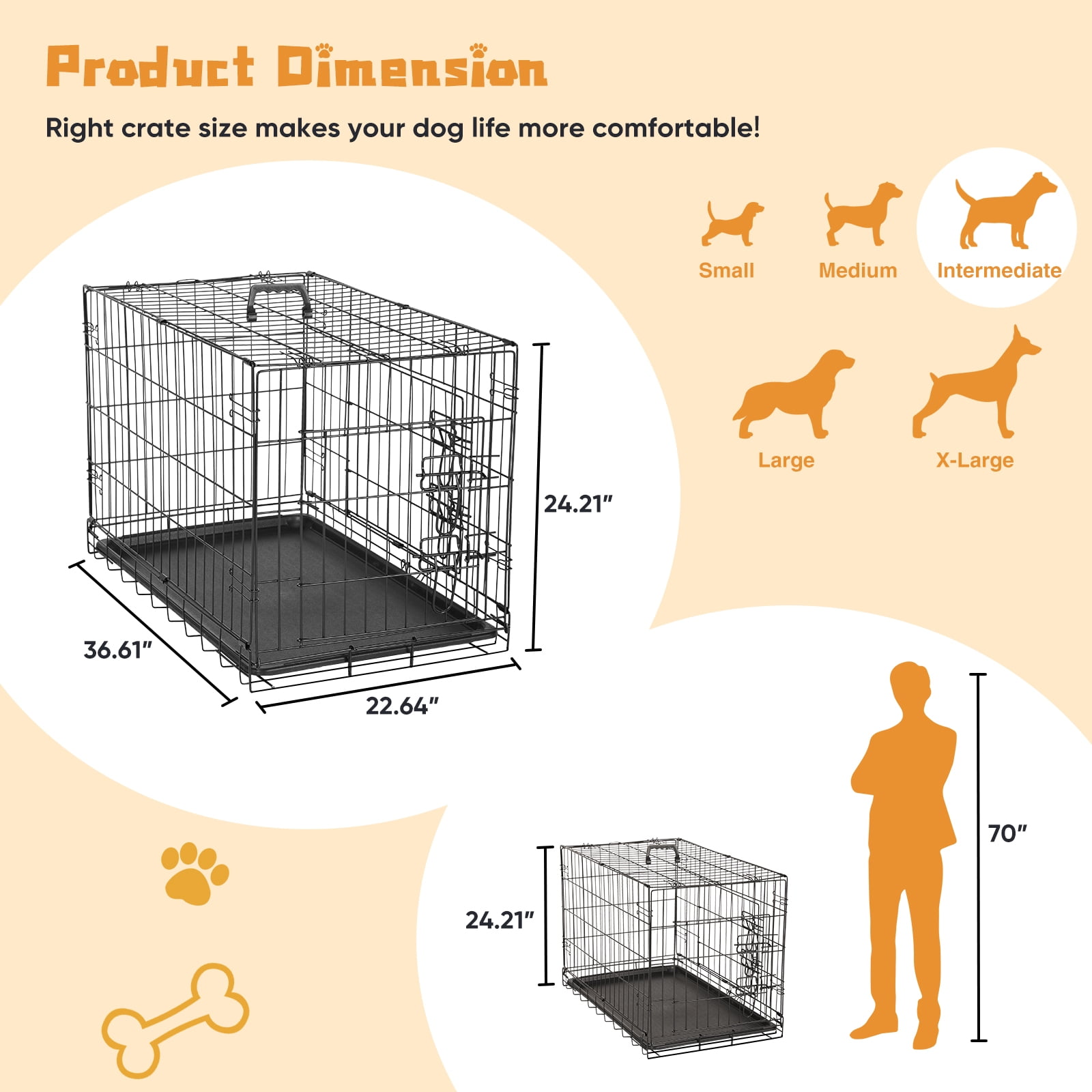 GIANNA Dog Cage Pet Crate for Dogs 36 Inch Folding Metal Pet Cage Double Door W/Divider Panel Indoor Outdoor Dog Kennel Leak-Proof Plastic Tray Wire Animal Cage