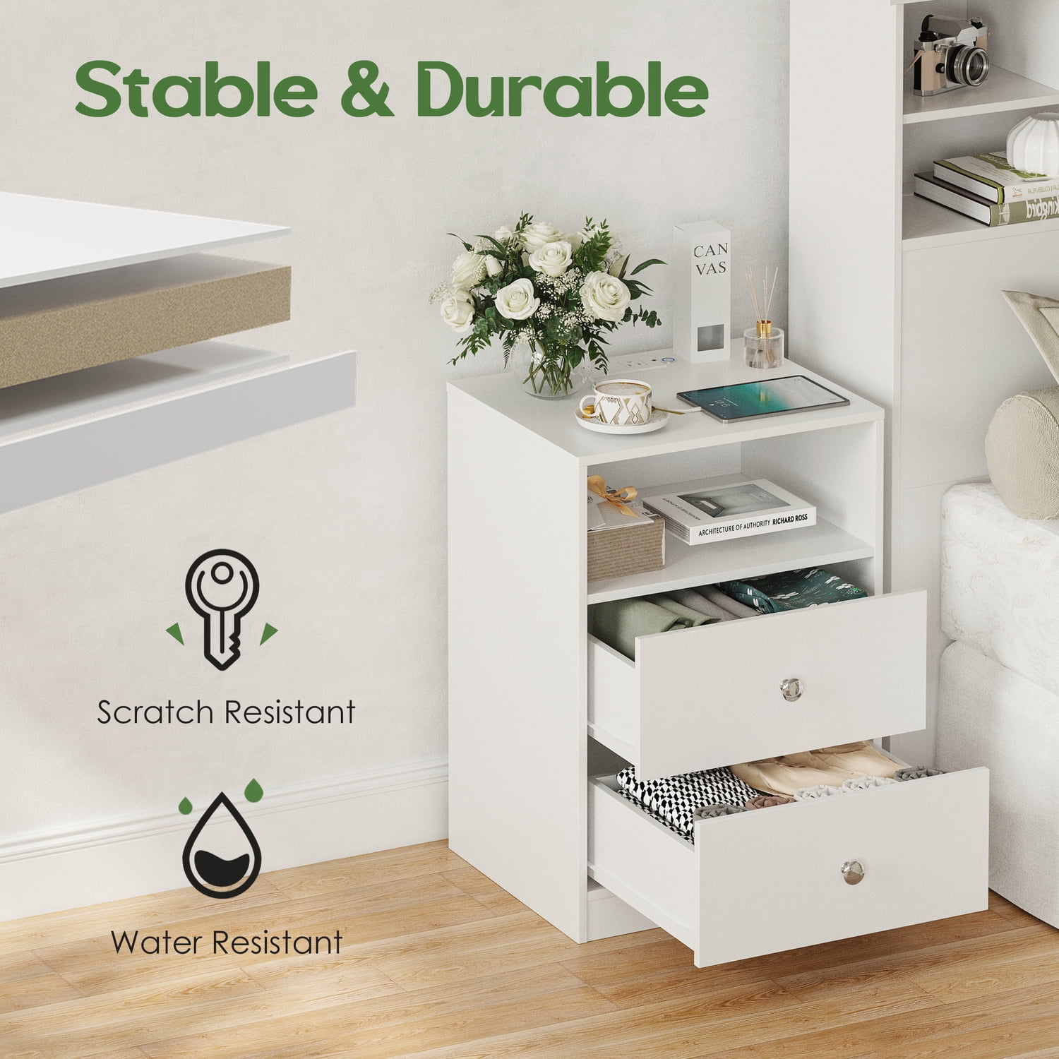 Someet Modern Nightstand with 2 Drawers, 2 USB Ports & Outlets, Nightstand for Bedroom, White