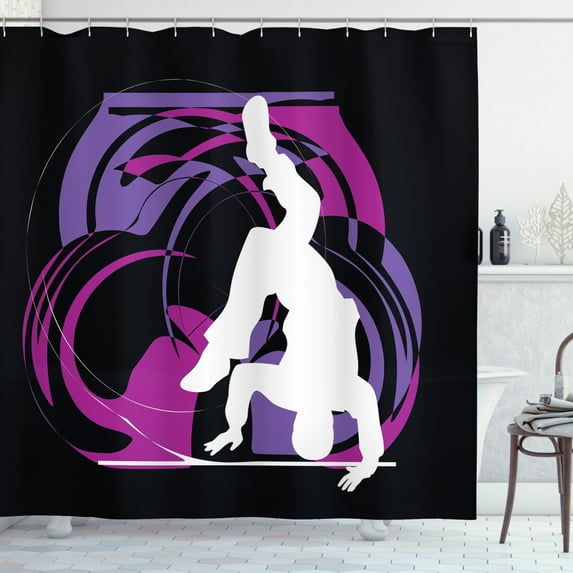 Hip Hop Shower Curtain, Youth Person Silhouette Doing Head Spin Move on the Floor Colorful Image Print, Fabric Bathroom Set with Hooks, 69W X 84L Inches Extra Long, Multicolor, by Ambesonne