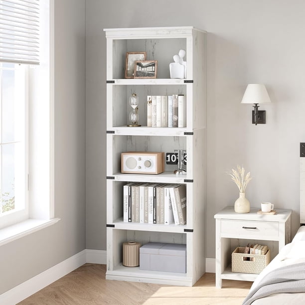 Historyli Estantería de madera de 5 niveles, estilo rústico, de 170 cm de alto, ideal para sala de estar, hogar y oficina, color blanco antiguo.