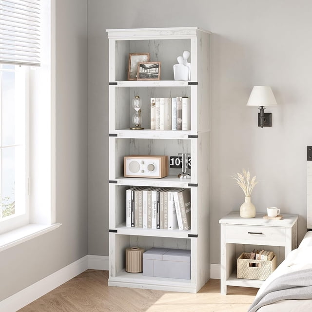 Historyli Estantería de madera de 5 niveles, estilo rústico, de 170 cm de alto, ideal para sala de estar, hogar y oficina, color blanco antiguo.