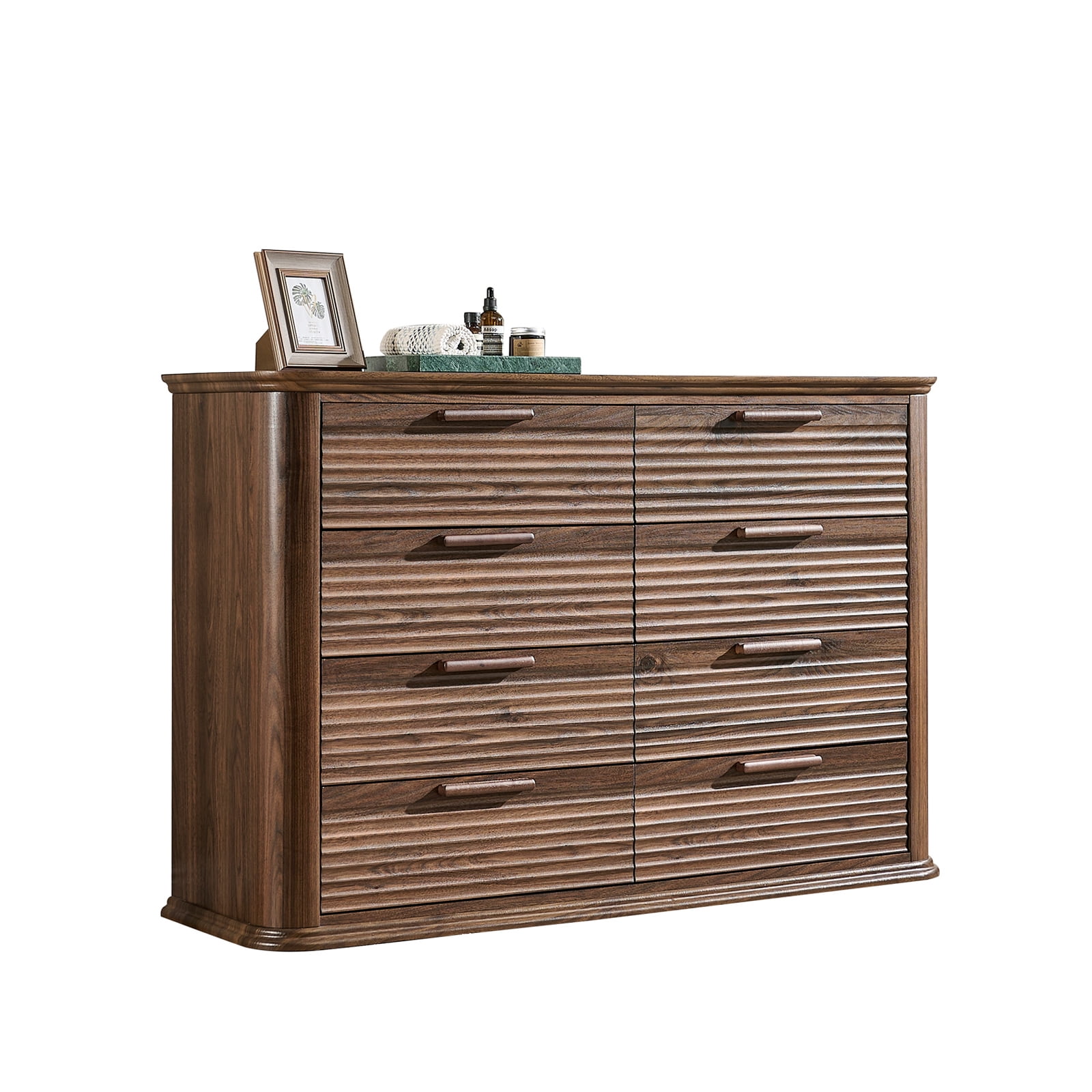 Hommoo Modern Wood Fluted 8 Drawer Dresser, 52" Wide Dresser Chest of Drawers with Curved Profile Design, Multifuctional Storage Organizer for Home, Walnut
