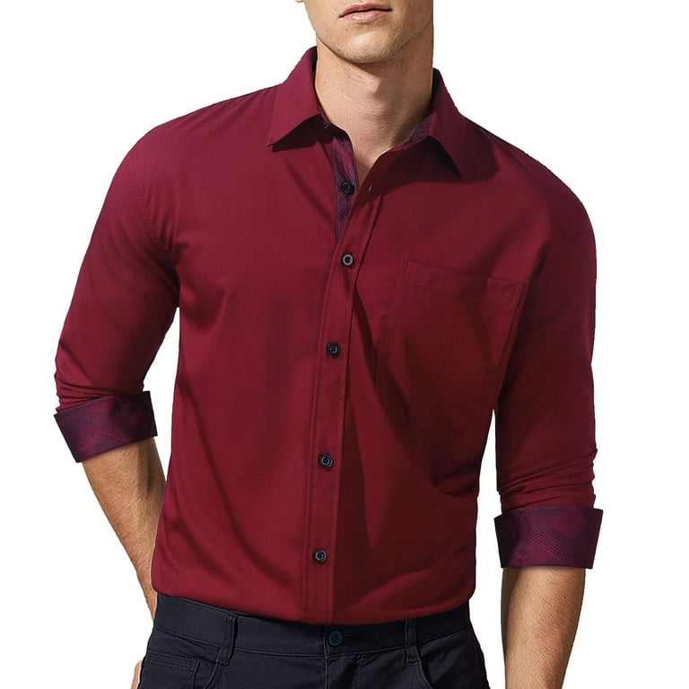 Hisdern Men's Burgundy Splicing Dress Shirt for Office Wear S