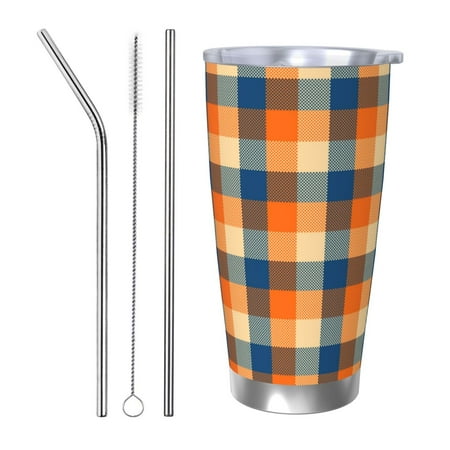 

KLL Warm Orange Plaid Print 40oz Stainless Steel Insulated Car Cup with Spillproof Lid - Keep Your Drink Hot or Cold on the Go-Straw Three-piece Set
