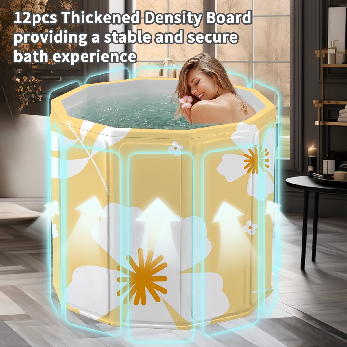 SLLINGLUO Foldable Bathtub for Adult Kids, No-Installation Portable Bath tub for Baby Swimming Bathing Sauna Soaking Tub, Yellow Flowers