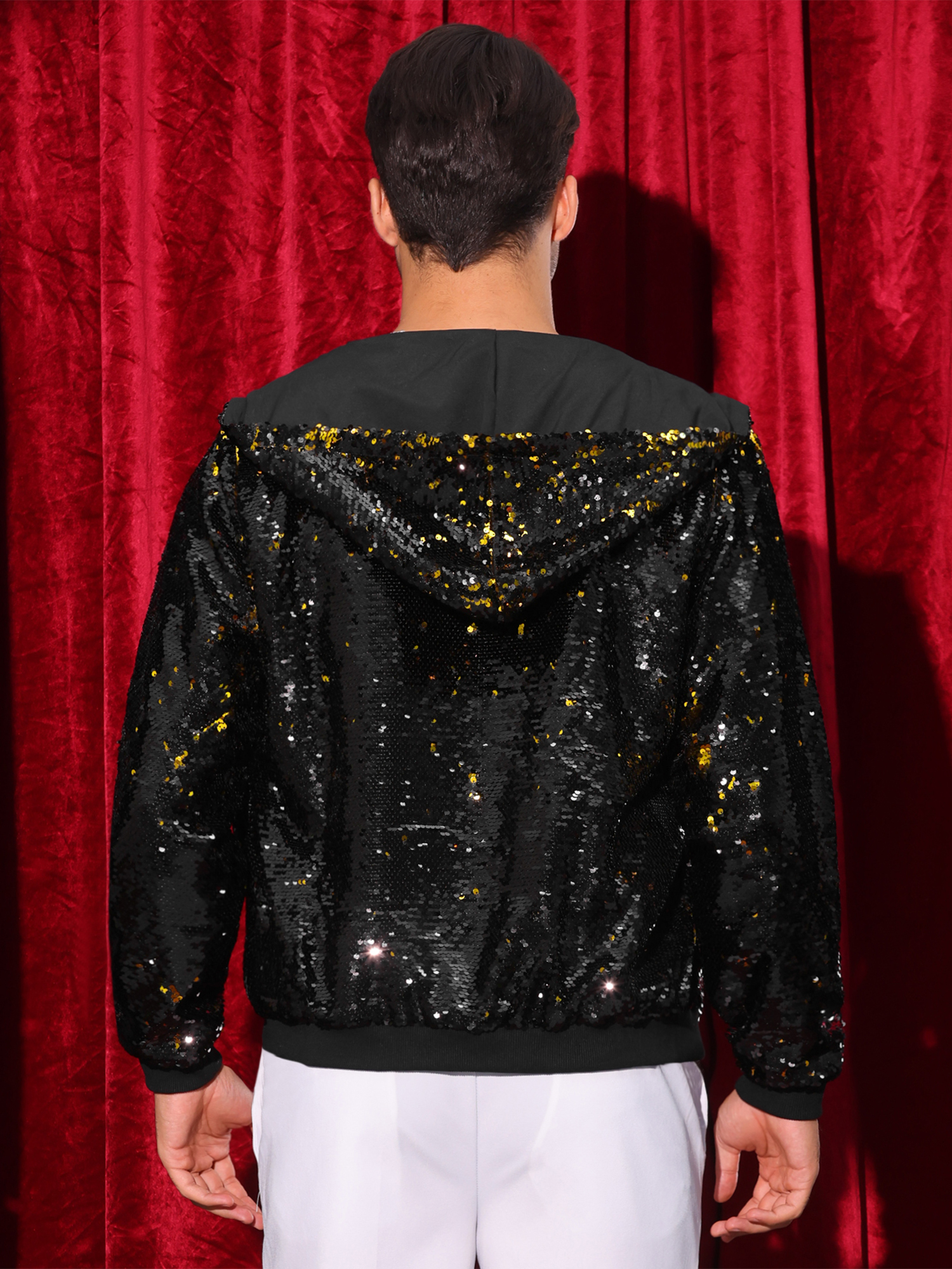 DARING DIVA Men's Sequins Long Sleeves Flip-Sequin Sparkle Metallic Hoodie Jackets S Black