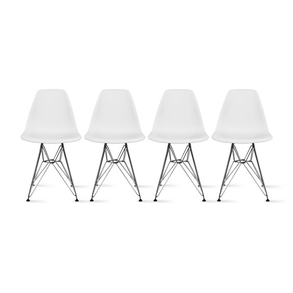 2xhome Set of 4 White Mid Century Modern Vintage Molded Shell Assembled Chairs Chrome Wire Metal Eiffel Side Armless No Arms With Back DSW for Desk Work Office Dining Living Kitchen Bedroom
