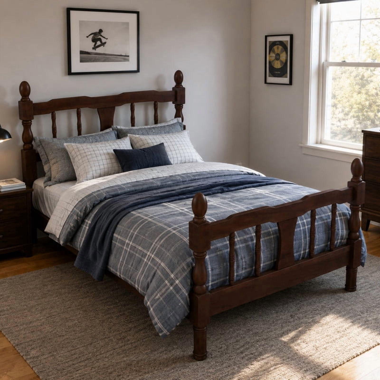 Euroco Wood Twin Size Platform Bed Frame, Classic Farmhouse Bed Frame with Spindle Headboard, Dark Walnut