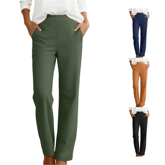 Gunia Linen Cotton Pants Women Breathable Casual Trousers High Waist Wide Leg Pants With Pockets Comfortable Elastic Waistband Summer Flowy Pants