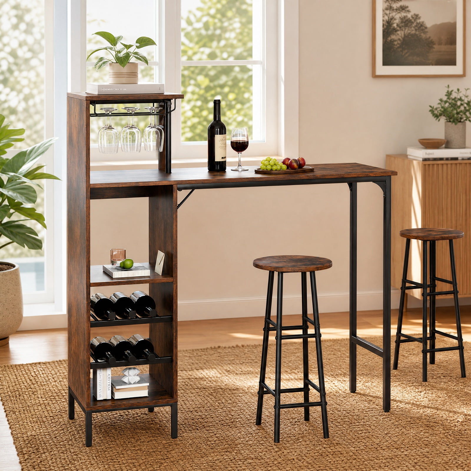 Furnibear 3 Piece Bar Table and Chairs Set with 6-Bottle Wine Rack for Kitchen Dining Room Breakfast Nook Home, Rustic Brown